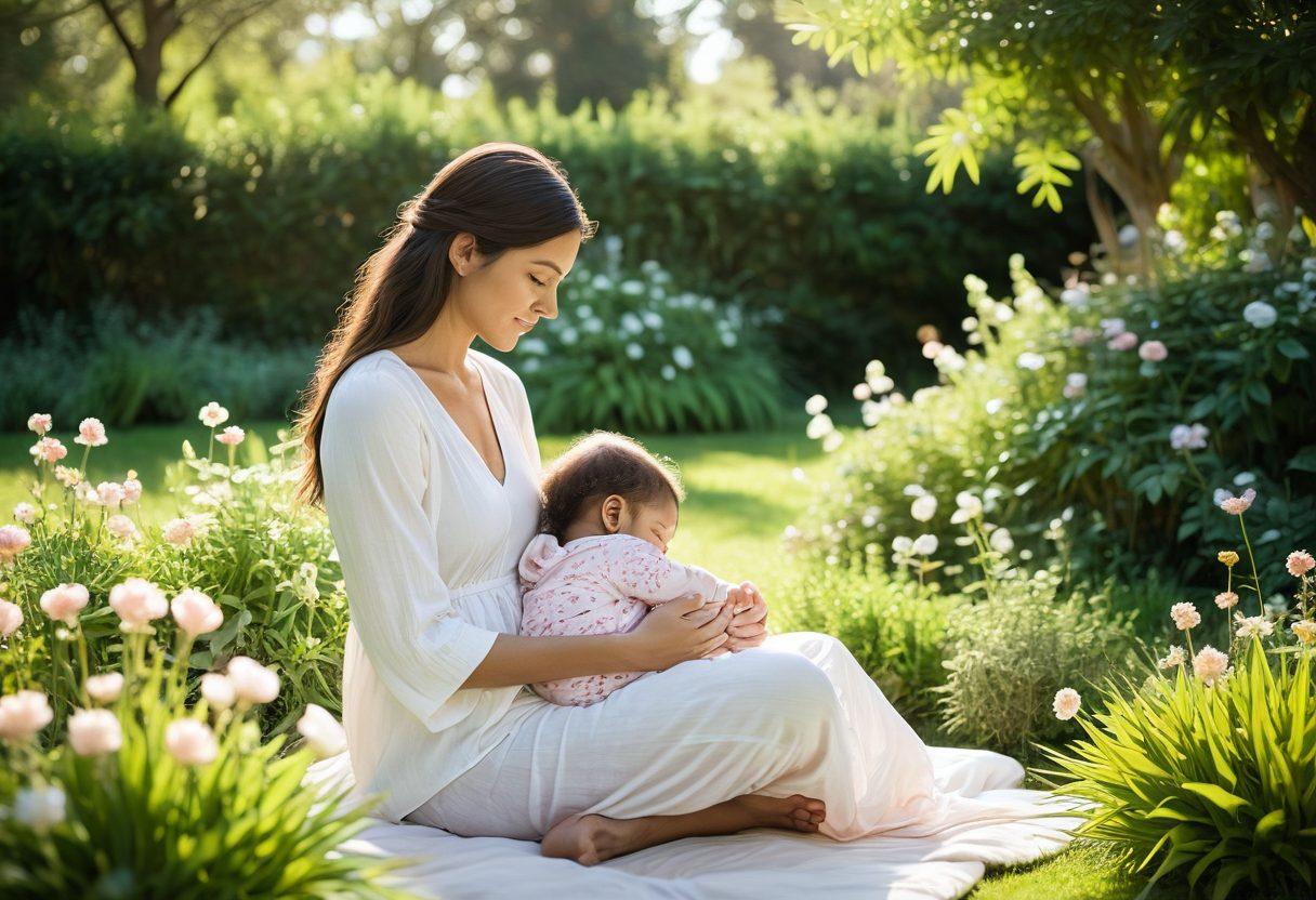 A serene mother guiding her child in a lush garden, surrounded by blooming flowers and soft sunlight, embodying the warmth and joy of motherhood. Include elements of mindfulness, such as a small meditation nook with cushions, and vibrant butterflies fluttering about. The scene should evoke a sense of peace and harmony, celebrating the journey of motherhood. soft focus. pastel colors. natural lighting.