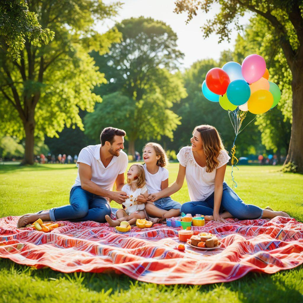 A happy family engaged in playful activities in a bright, sunny park, with children laughing and parents smiling, showcasing love and connection. Include elements like a picnic blanket, colorful balloons, and a dog playing nearby to evoke joy and warmth. Emphasize vibrant colors and a serene atmosphere that depicts blissful family moments. super-realistic. vibrant colors. soft focus.