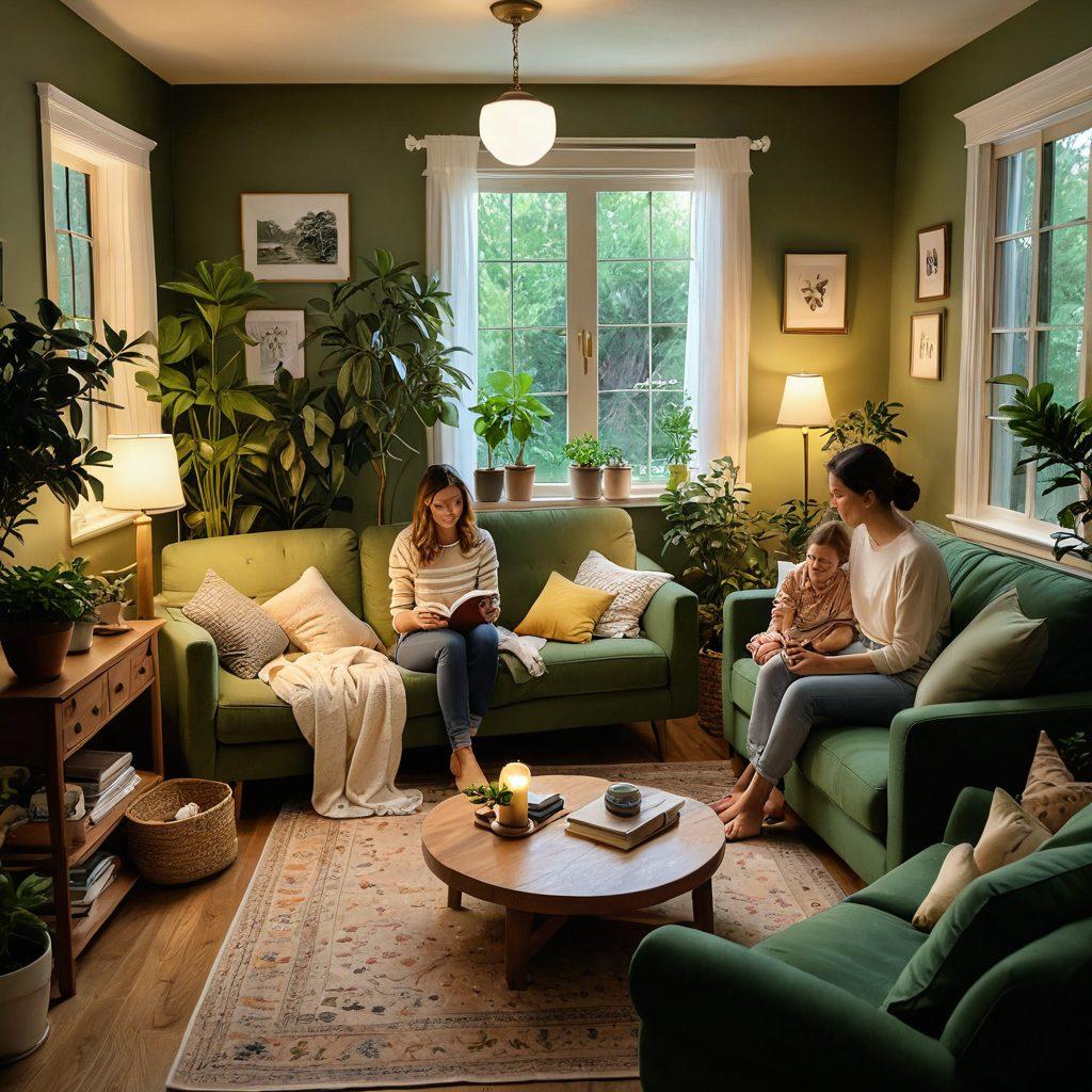 A warm family scene in a cozy living room, featuring parents and children engaging in a heartfelt conversation, surrounded by plants and soft lighting. Display various emotional wellness tools like journals, mindfulness games, and art supplies scattered around. The atmosphere should radiate joy and connection, emphasizing unity and happiness. A few symbolic elements like hearts or sunshine can be intertwined. super-realistic. vibrant colors. cozy ambiance.